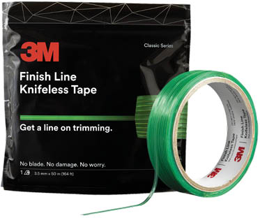 3M Finish Line Knifeless Tape, 3.5mm x 50M green PVC tape on a roll and the black 3M branded packaging behind it. This tape is designed to protect the substrate from blade damage and easily cuts most vinyl wrap films, eliminating the risk of nicks and cuts from a blade to the surface of the vehicle or substrate.
