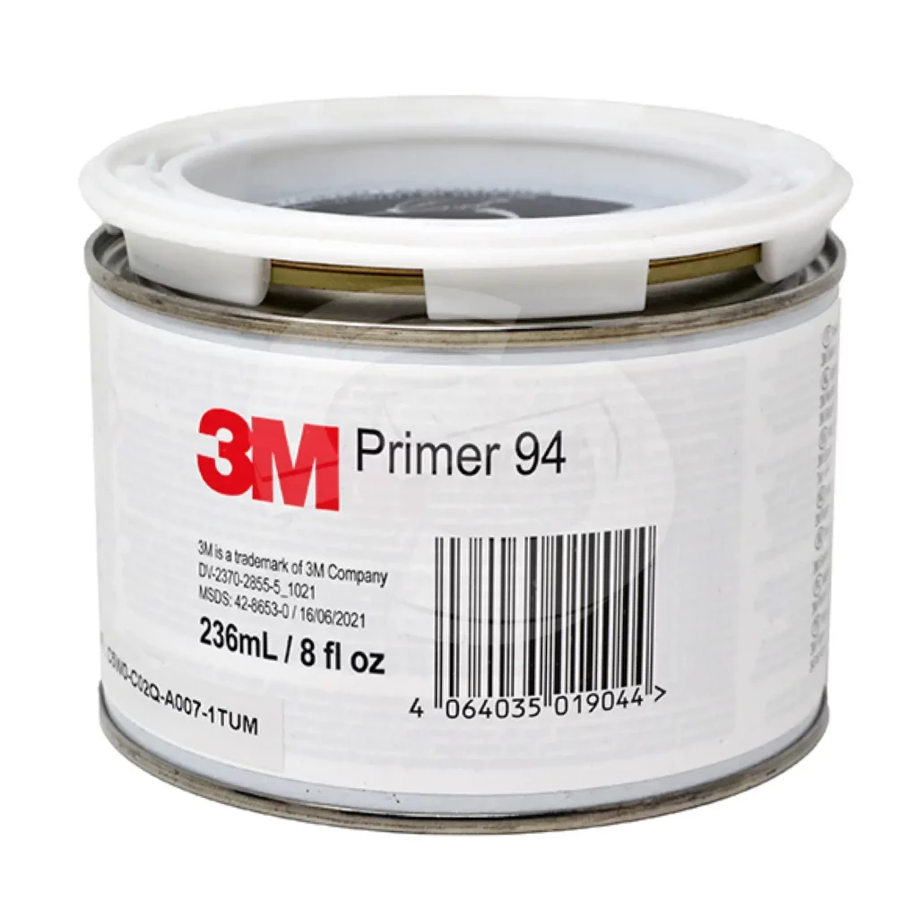 3M Primer 94, 236ml tin packaging with contents for the improving and strengthening of self-adhesive vinyls to difficult-to-stick to surfaces and low energy substrates such as polyethylene, polypropylene, ABS, PET/PBT blends, concrete, wood, glass, metal and painted metal surfaces etc.