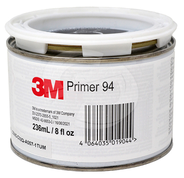 3M Primer 94, 236ml tin for improving and strengthening of self-adhesive vinyls to difficult t stick to surfaces and low energy substrates such as polyethylene, polypropylene, ABS, PET/PBT blends, concrete, wood, glass, metal and painted metal surfaces etc.