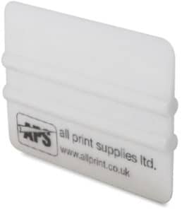 4 inch white Teflon ribbed soft plastic squeegee with All Print Supplies bradning on one side in black ink.