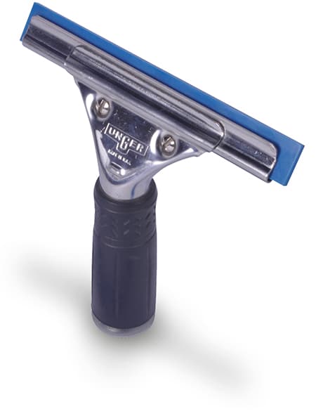 GT020 window squeegee, a chrome construction with a black hand grip and blue rubber refill strip inserted. This tool also shows the "Unger" log branding embossed into the metal work of the squeegee grip.