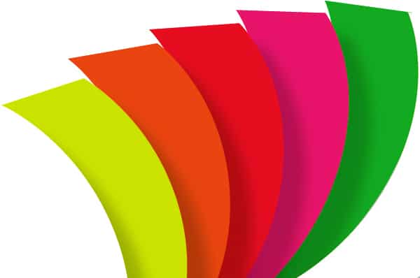 5 flourescent cast sign films, vibrant colours from the KPMF K74000 range. Colours from left to right are fluoro yellow, orange, red, magenta and green.