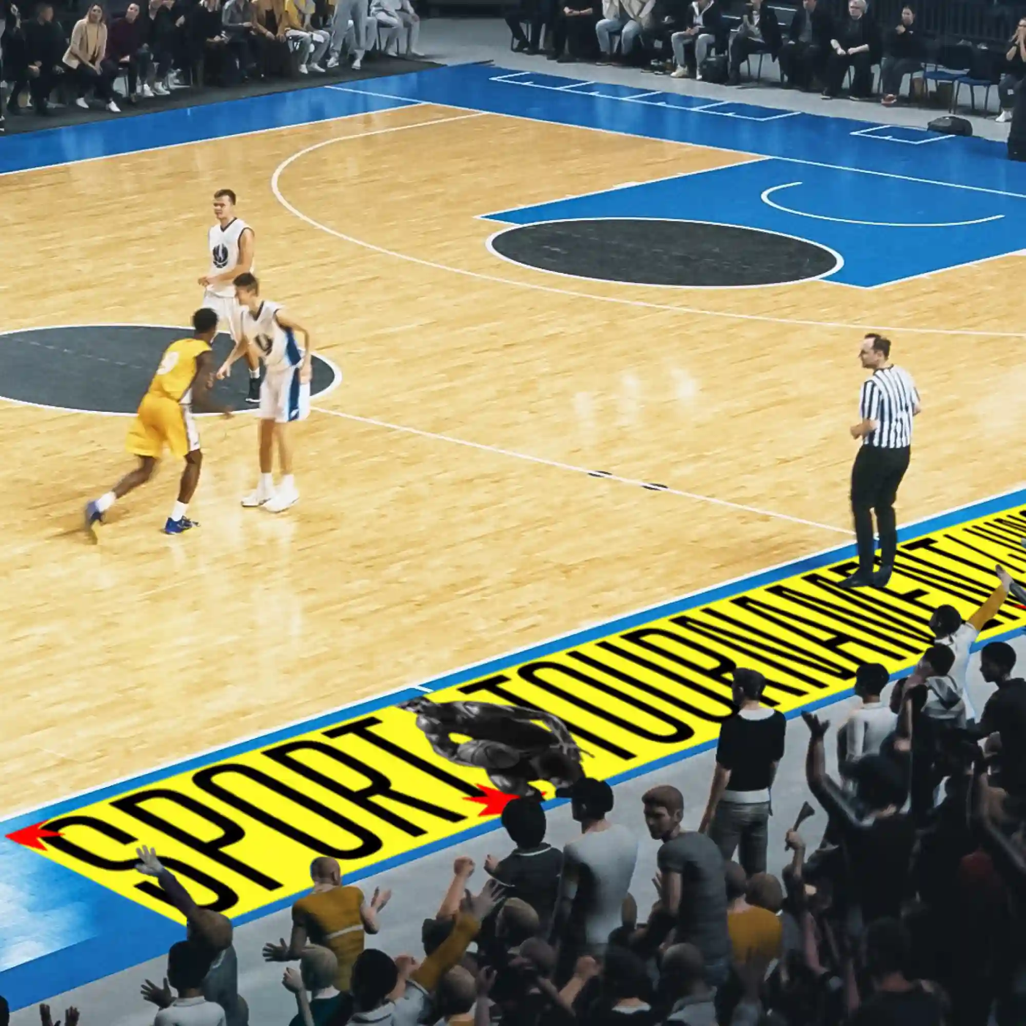 EventSharK self-adhesive wall and floor print media requires no laminate and with its easy to apply dot adhesive it is perfect for short term promotional floor graphics such as seen in this basketball sports arena court side advertising.