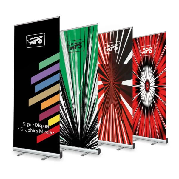 Altona Two pull-up graphic display stands, 4 different printed roll-up designs lined up in a row and standing up straight with no curl, one stand in front of the other.
