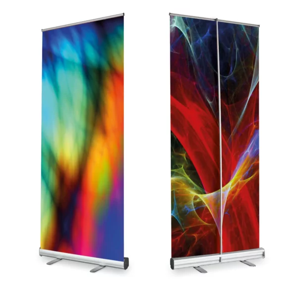 Altona Two roll-up display unit fully extended with a banner graphic printed on both sides showing views of the front and back. The extendable pole if visible from the back of the stand that holds the graphic up and straight.