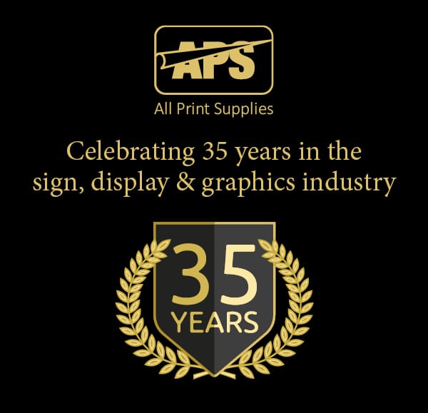 APS celebrating 35 years in SDG industry. Gold coloured text with the APS company loo at the top and a shield with the "35" inside it and laurel leaves sourrounding it, on a black background.