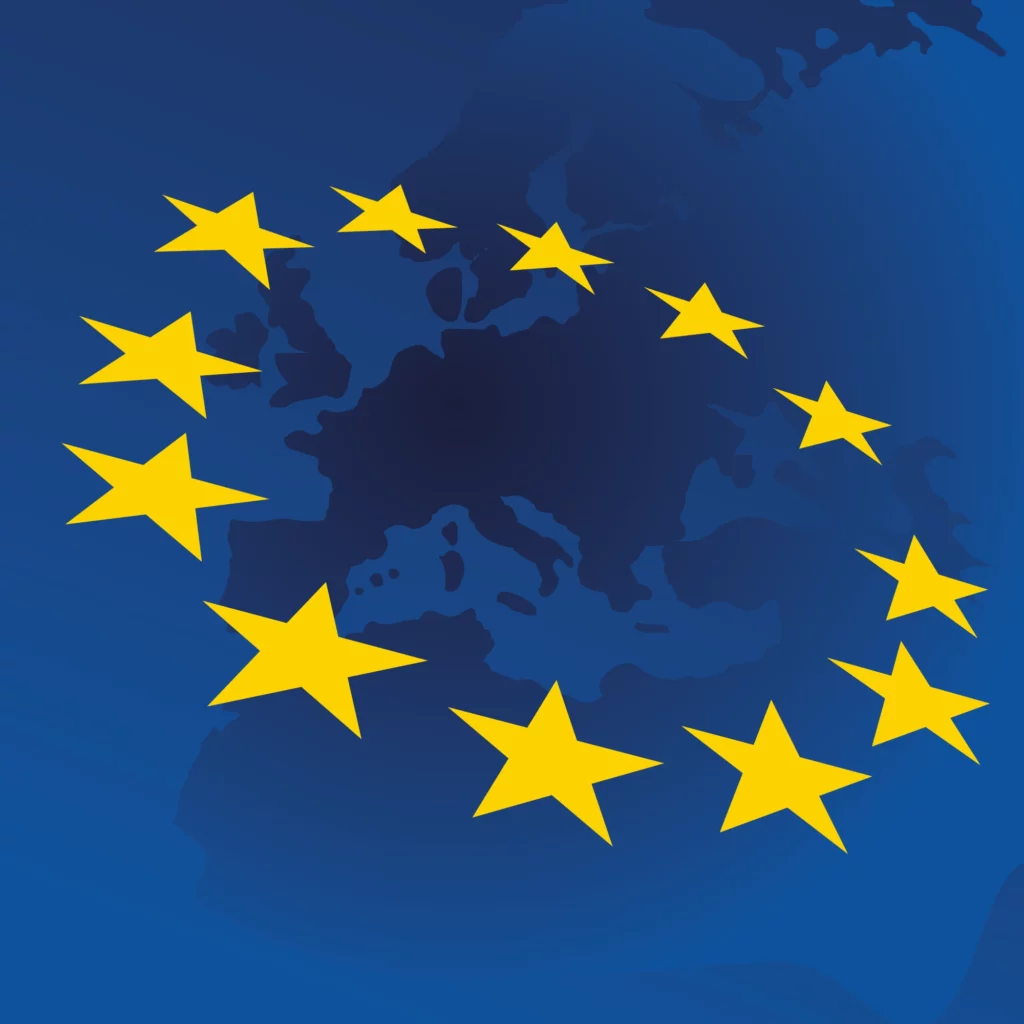 European Union REACH Regulations. A European and Mediterranean map in stylised blue colours with floating gold stars hovering over the European countries shown on the map.