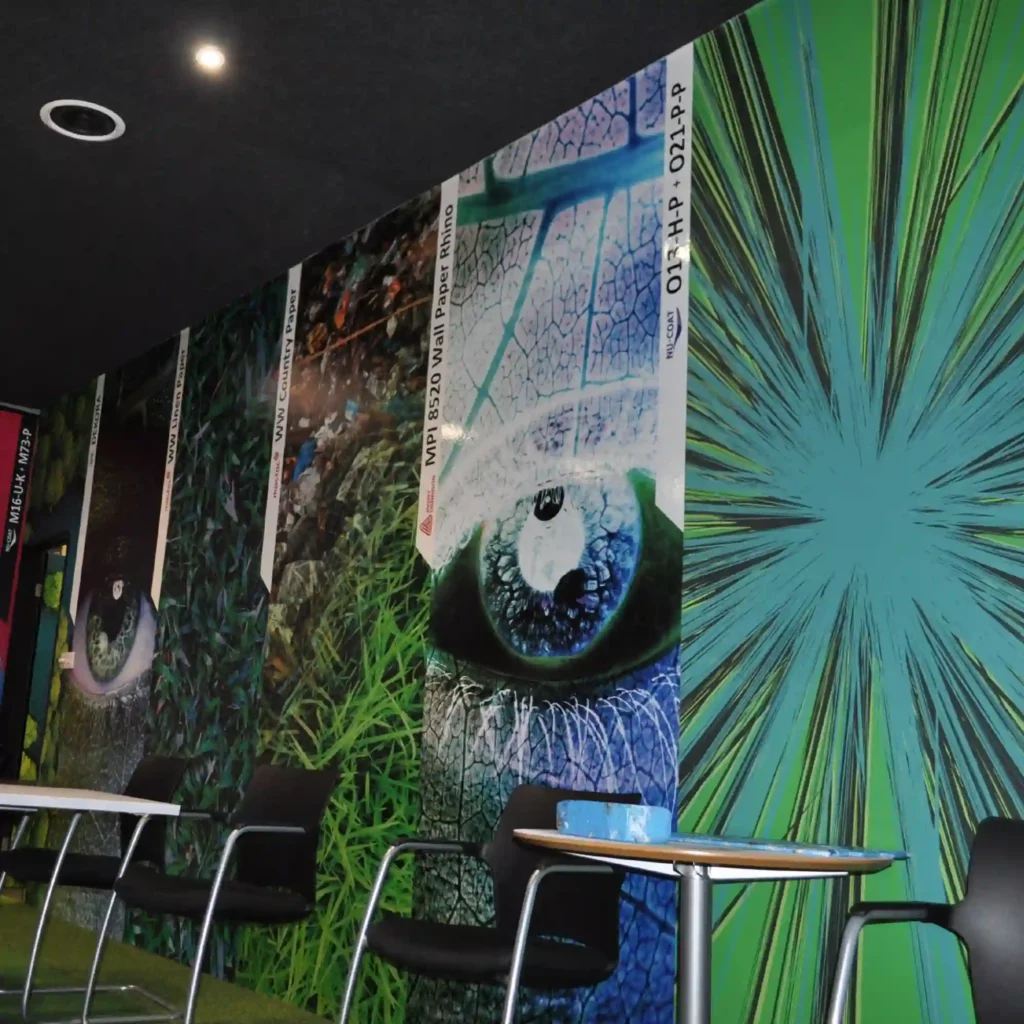 Some of our PVC-Free materials applied to decorate, educate and inform on an interior wall to demonstrate some of the more environmentally responsible self-adhesive films from our huge range of graphics products.