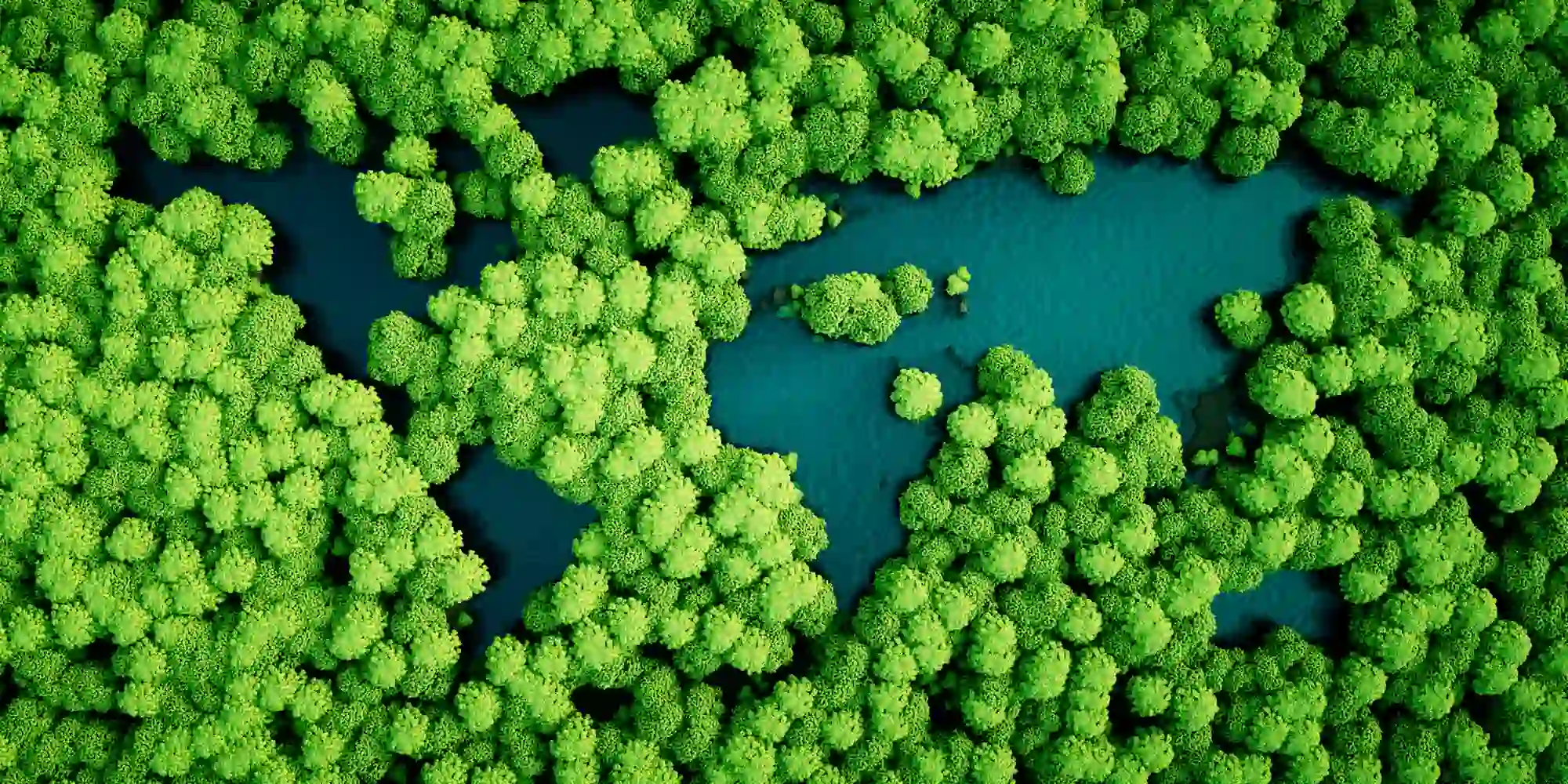 A World Map made up of bright green foliage that is shaped to show the Earth's continents.