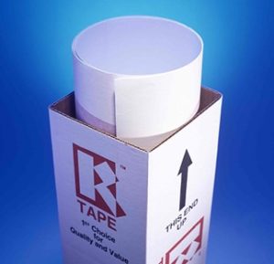 R-Tape graphics transfer application tape paper poking out from one end of an opened, R-Tape corporate branded box.