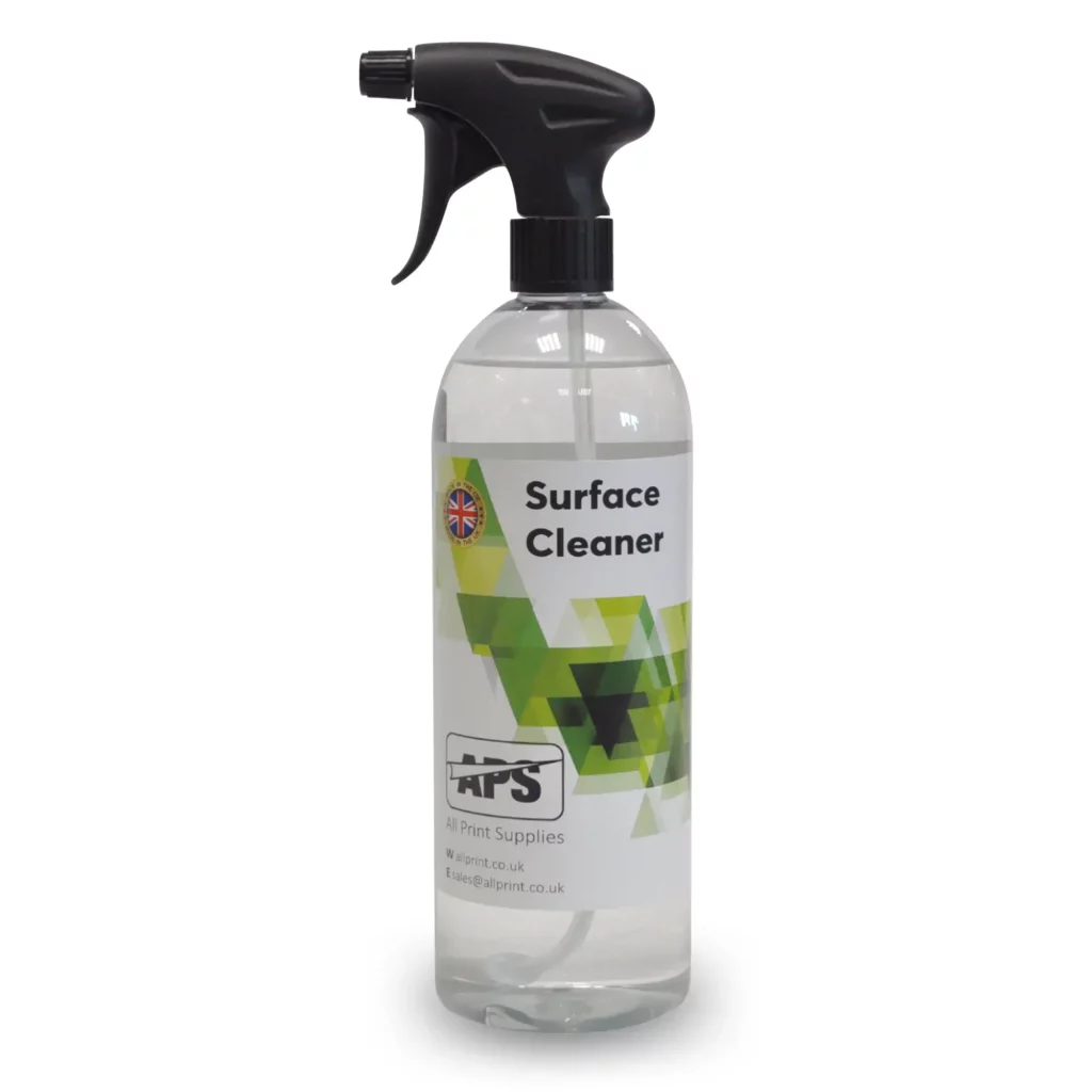 APS branded vinyl wrapping surface cleaning fluid for the effective cleaning and degreasing of application surfaces prior to installation of vehicle graphics, a clear fluid in its APS and CVP branded 1 Litre bottle with black sprayer attached at the top.