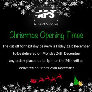Christmas 2018 and New Year 2019 opening hours, image of white snowflakes falling from over our APS company logo onto the opening hours information beneath.
