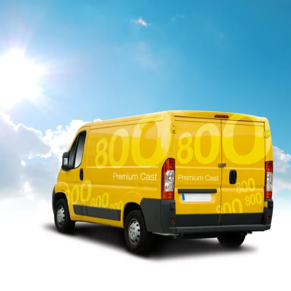 Avery Dennison 800 Premium Cast colour self-adhesive film applied to a yellow van with bright yellow and white cut-vinyl branded company vehicle graphic signage.
