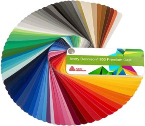 Avery Dennison 800 Premium Cast- conformable colour sign vinyls swatch fanned-out in a semi-circle to show the variety of colours in the range. 