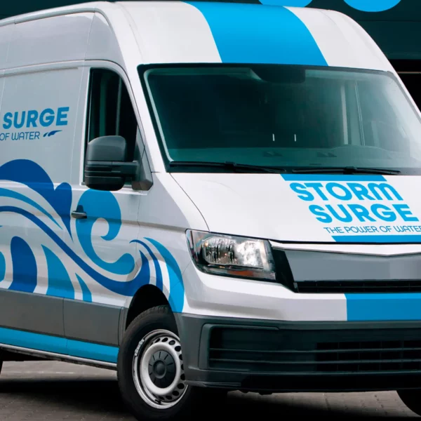 Avery 900 SC colour self-adhesive cast marking films used for cut-vinyl branded graphics on this company vehicle, applied to the slightly contoured shapes of a vans' side, doors, bonnet and roof.