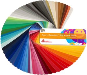 Avery Dennison 500 EF sign vinyls swatch with all the bright colour sample pages fanned out in a semi-circle with the Avery Dennison branded cover.