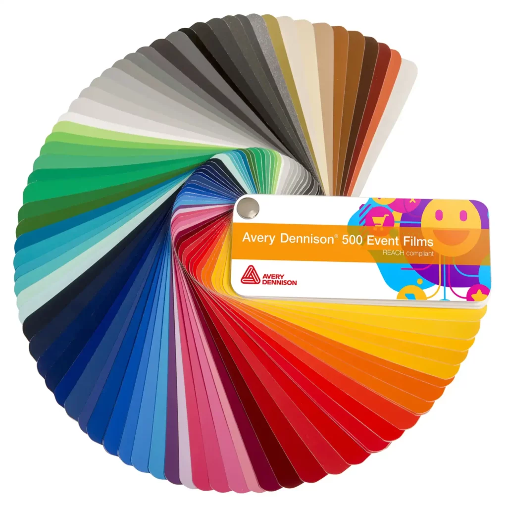 Avery Dennison 500 EF Event Film coloured sign vinyls swatch fanned out to reveal the full range of gloss and matt colours and metallic vinyl colours for signmmaking.