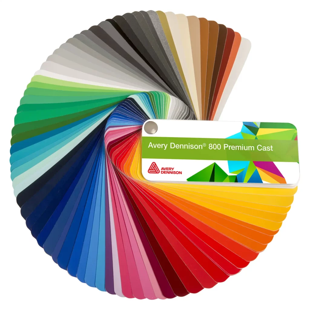 A sample swatch showing the complete range of Avery Dennison 800 PC (Premium Cast) opaque cast colour sign vinyls fanned out to show all the gloss, matt and metallic films in the range.