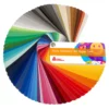Avery Dennison 900 SC (Super Cast) colour sign vinyl marking films swatch, fanned out in a circle to show the complete spectrum of colours available in this range of self-adhesive coloured films.