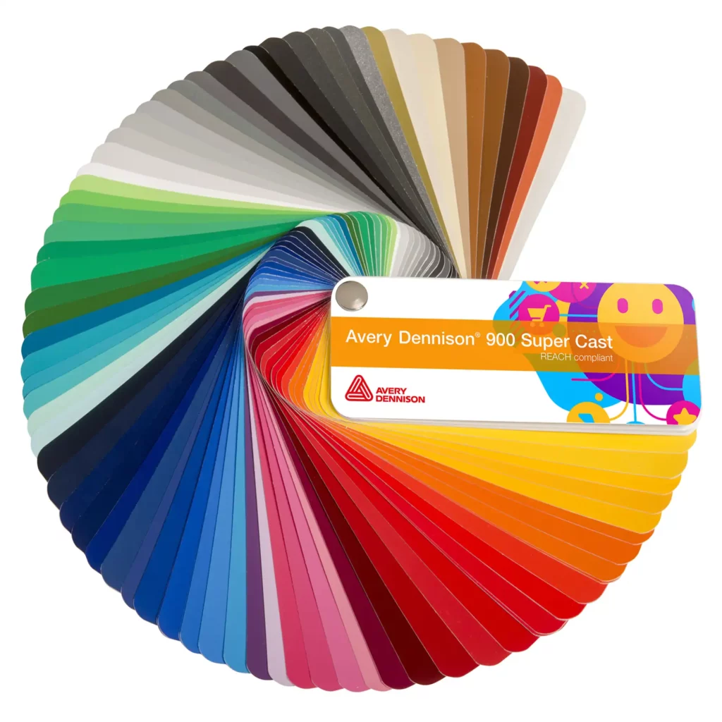 Avery Dennison 900 SC (Super Cast) colour sign vinyl marking films swatch, fanned out in a circle to show the complete spectrum of colours available in this range of self-adhesive coloured films.