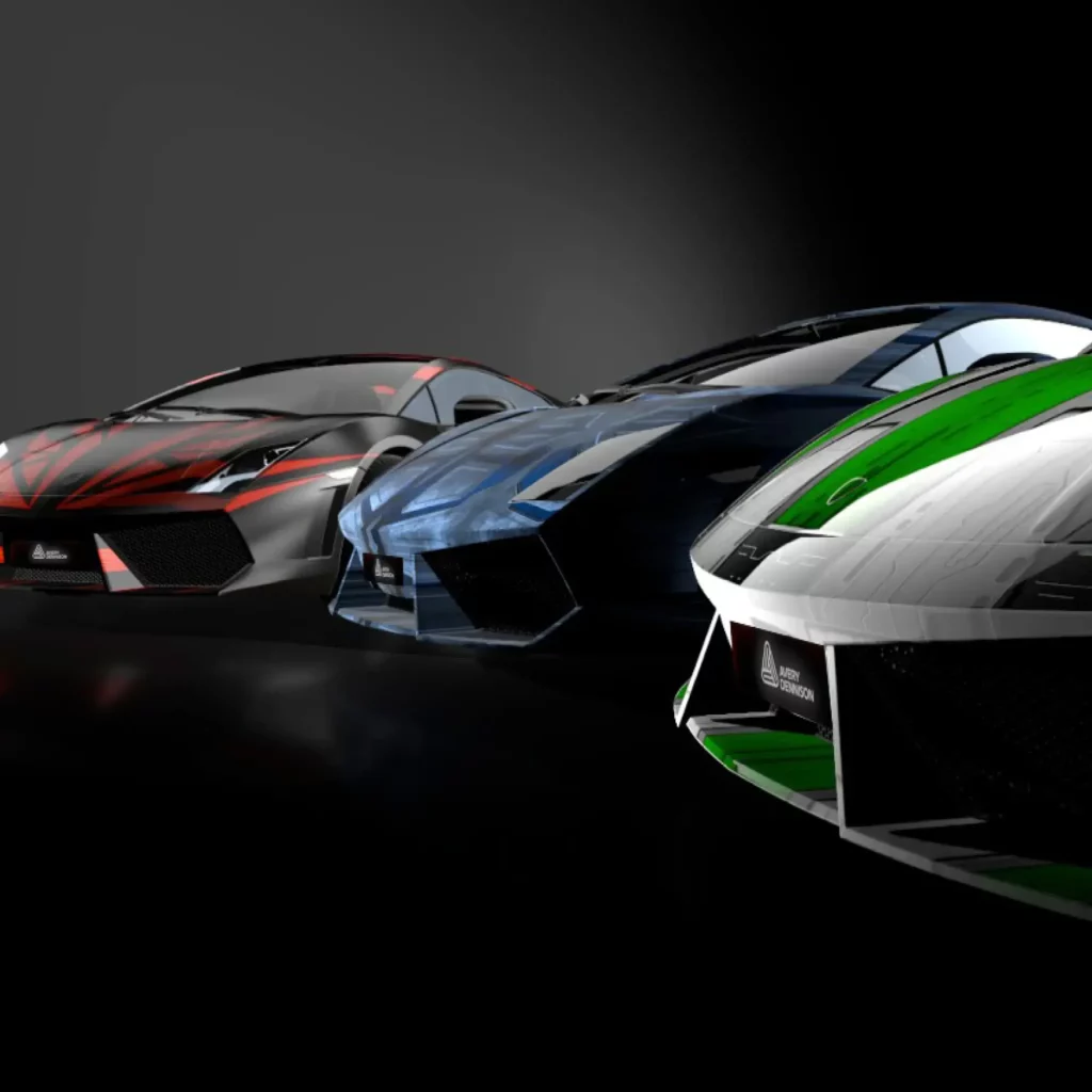 A semi-circle of wrapped sports cars that use Avery Dennison Cast Laminates and matched Print Vinyls to produce these sleek moern vinyl wrap designs that accentuate the contours of the vehicles.