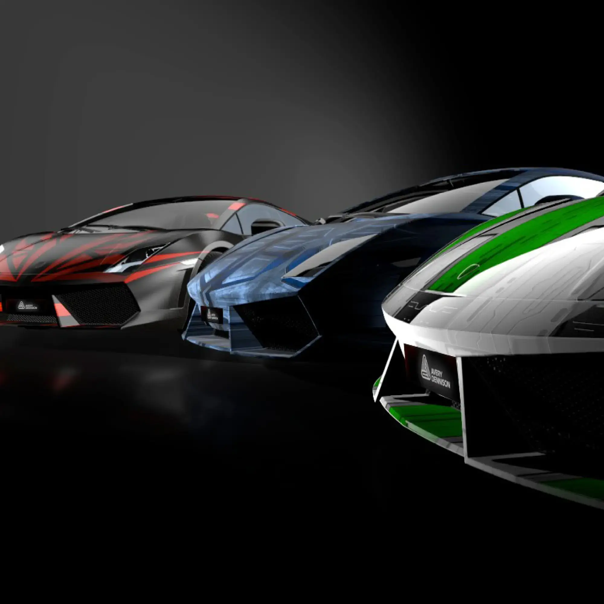 A semi-circle of wrapped sports cars that use Avery Dennison Cast Laminates and matched Print Vinyls to produce these sleek moern vinyl wrap designs that accentuate the contours of the vehicles.