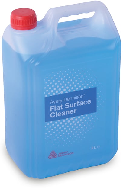 Avery Dennisons' flat surface cleaner in it's 5L rectangular bottle container. You can see the blue cleaning fluid through the transparent container, with a handle grip and distinctive bright red screw cap.