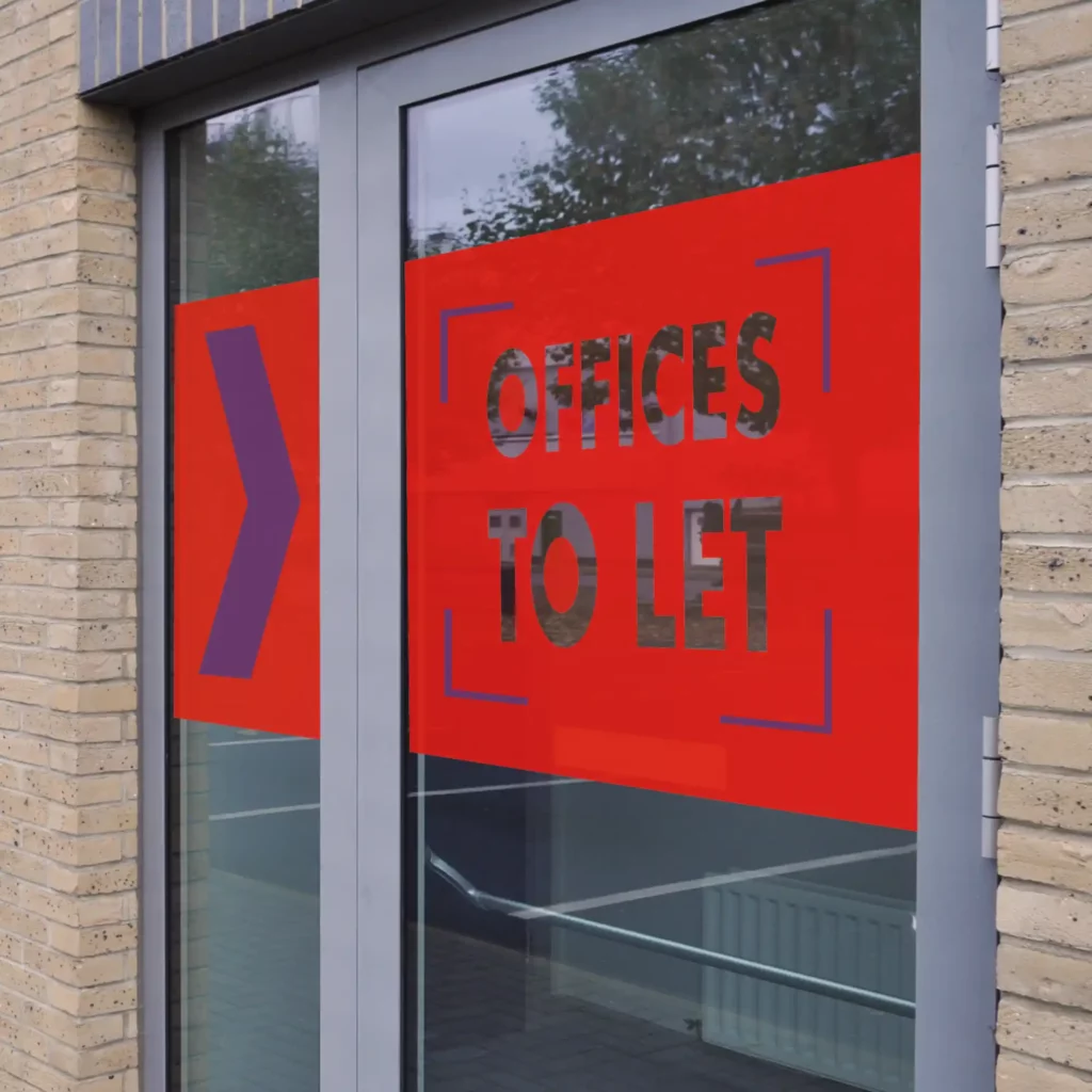 Avery Dennison MPI 2041 clear print vinyl, transparent film that has been printed with a red background and 'To Let' cutout letters weeded out and applied as office window signage.