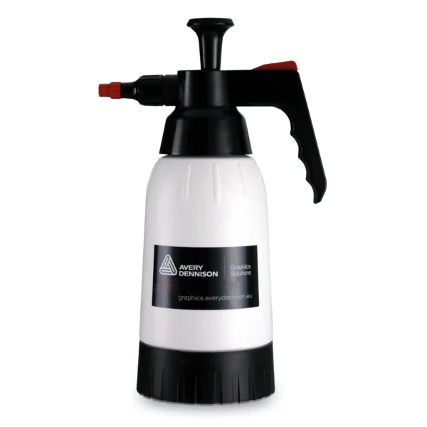 Avery Dennison PPF Slip Solution 1.2L sprayer bottle, a high quality bottle used during wet application primarily for installing Paint Protection Film. Pump action handle is on visible on the top (in the down position) of the large bottle which sucks up fluid into the spray nozzle, along with the thumb trigger button and adjustable spray nozzle.