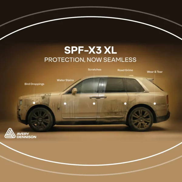 Avery Dennison SPF X3 Gloss in XL wider roll sizes for seamless protection of vehicles from environmental factors, such as bird droppings, water stains, scratches, road grime and general wear and tear.