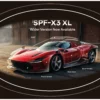 Avery Dennson SPF XL wider size films used to cover a beautiful red Ferrari sports car with graphics text overlaid to point out the different application areas for the film, such as the roof, rear fender, side door, front fender, bumper and hood/bonnet.