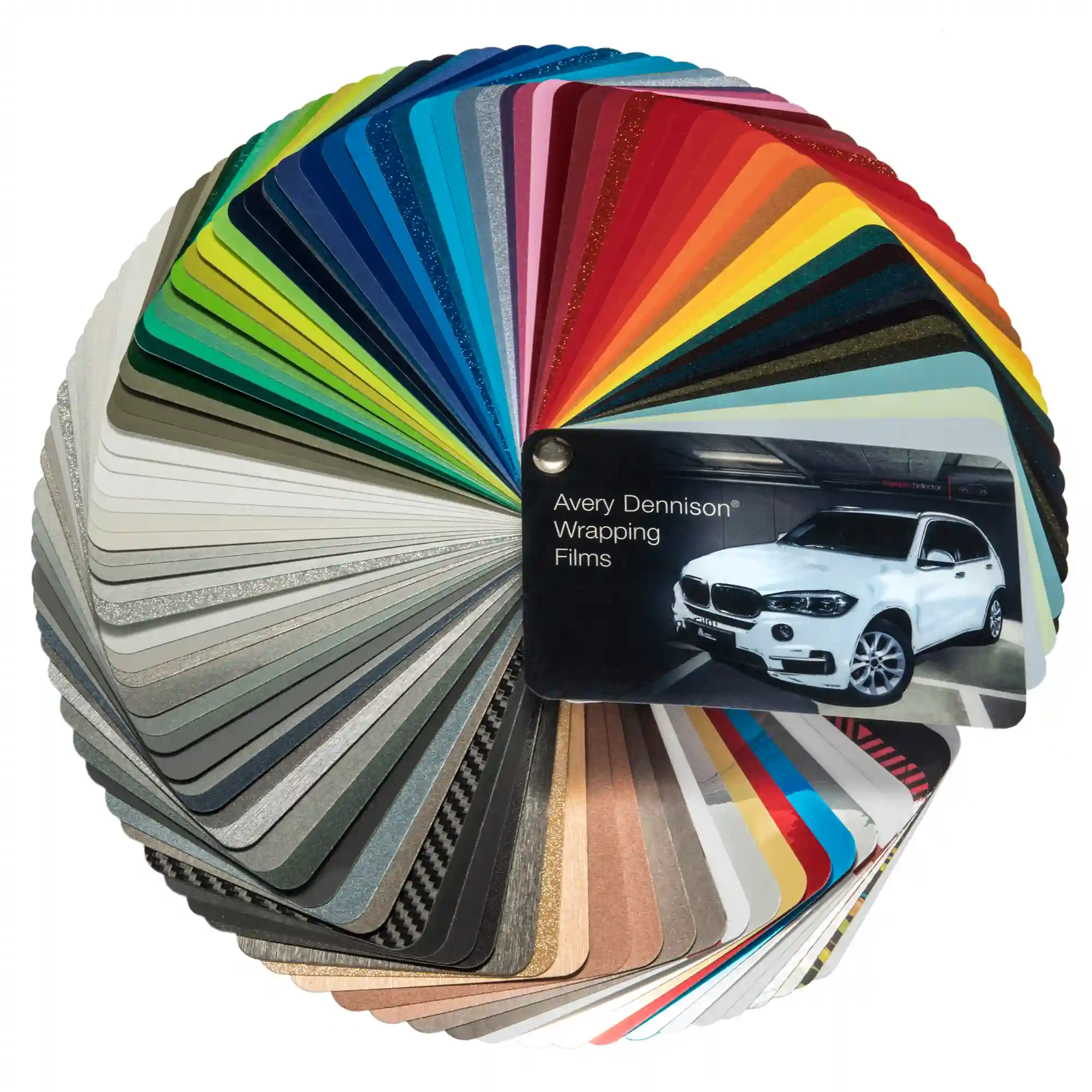 Avery Dennison's Supreme Wrap Films (SWF) range of long term wrapping vinyls, collected in this stunning and comprehensive swatch which has been fanned out in a 360 degree circle to show each of the different colours from all of the different finishes available in this series of coloured self-adhesive wrapping films, including solid gloss and matt colours, pearlescents, textured, colour switching, diamond glitter and chrome options.