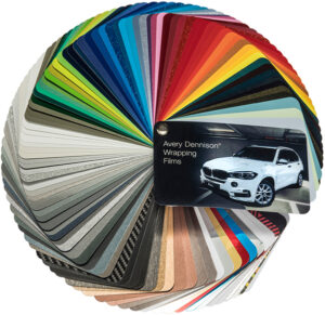 Avery Dennison Supreme Wrapping Films swatch in full 360 degree fan out showing all the colours and textures in this range of conformable cast vehicle wrap films.