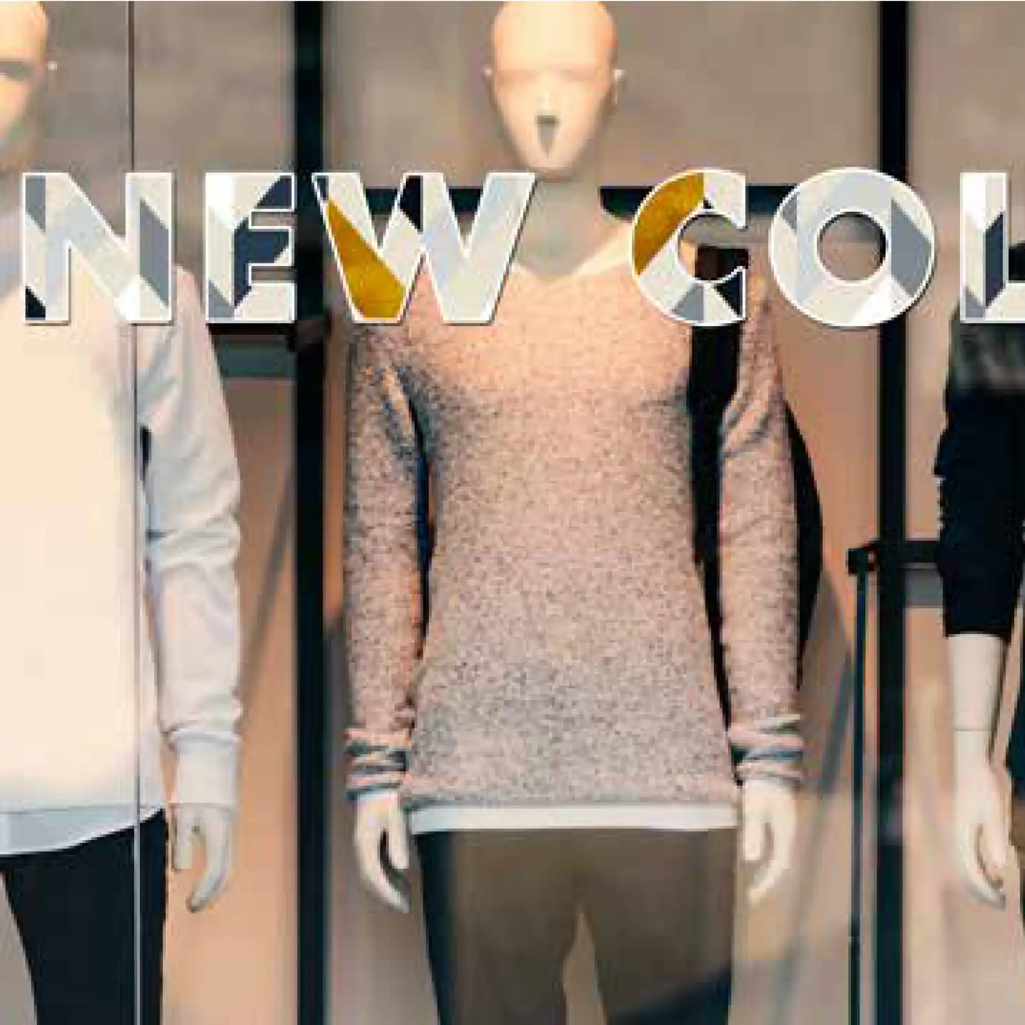 Avery Dennison MPI 3024 EA HOP easy to apply matt white opaque permanent self-adhesive vinyl has been printed with beige, black and grey abstract designs and contour-cut into letter graphics saying 'NEW COLLECTION' for this promotional retail window display.