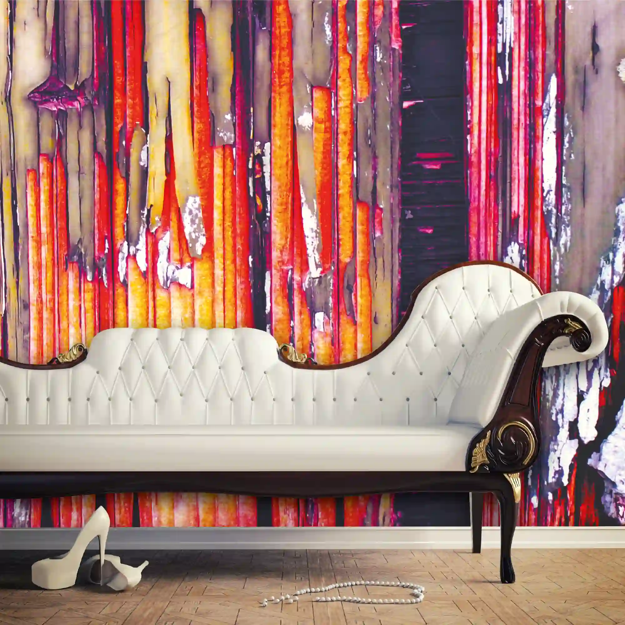 Avery Dennison MPI 8621 self-adhesive smooth wallcovering film, for custom printed wall décor is applied onto a domestic living room wall, behind a chaise longue, creating a personalized and stylish interior accent that is ideal for residential or commercial spaces.