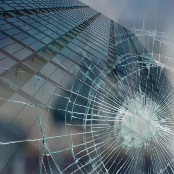 Avery SF 8 i Bomb Blast window protection film has been applied to protect this fully glazed modern city building, and imposed over the top is an image of glass with a typical spiderweb patterned scar, typical of shatterproofing properties provided by this self-adhesive safety laminate, holding the glazing together after blast impact or vandalism.