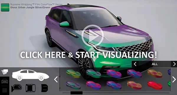 Showing the Avery Dennison Supreme Wrap 'Car Wrap Visualizer Tool' - currently the image shows the ColorFlow colour change film 'Urban Jungle Silver Green' on an SUV type vehicle, but this tool will allow you to choose from a large selection of vehicle shapes and then superimpose your choice of coloured vinyl on top and then see how cool it looks as you rotate the view to see what the colour looks like from every angle!