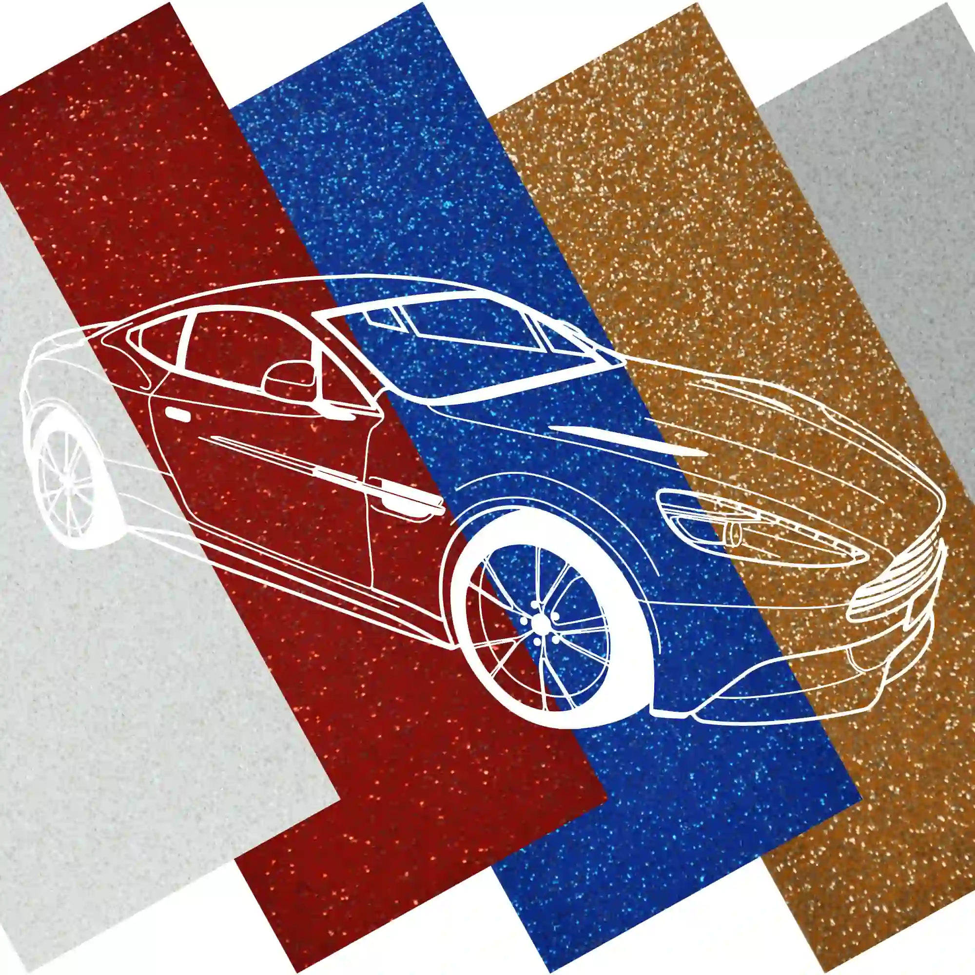 Avery Dennison's Diamond Line series of sparkling, glitter effect vehicle wrapping vinyls with the 5 sparkling colours from this range lined up to show the heavy metal flakes in this series of different speciality self-adhesive films for vehicle wrapping.