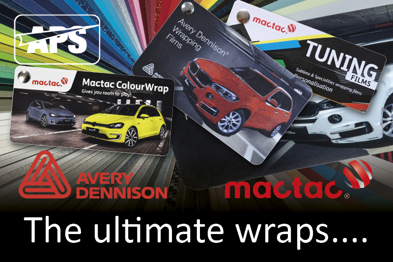 The ultimate wrap films for vehicle and boat wrapping; Avery Dennison's Supreme Wrapping Films and Mactac's ColourWrap and Tuning Film swatches demonstrate the complete series of colours and finishes available. Shown are the 3 x swatches in the foreground with the Mactac and Avery Dennison corporate logos, while and in the background a fanned open swatch reveals the FULL range of stunning colours and finsihes available for colour transforiming vehicles and boats.