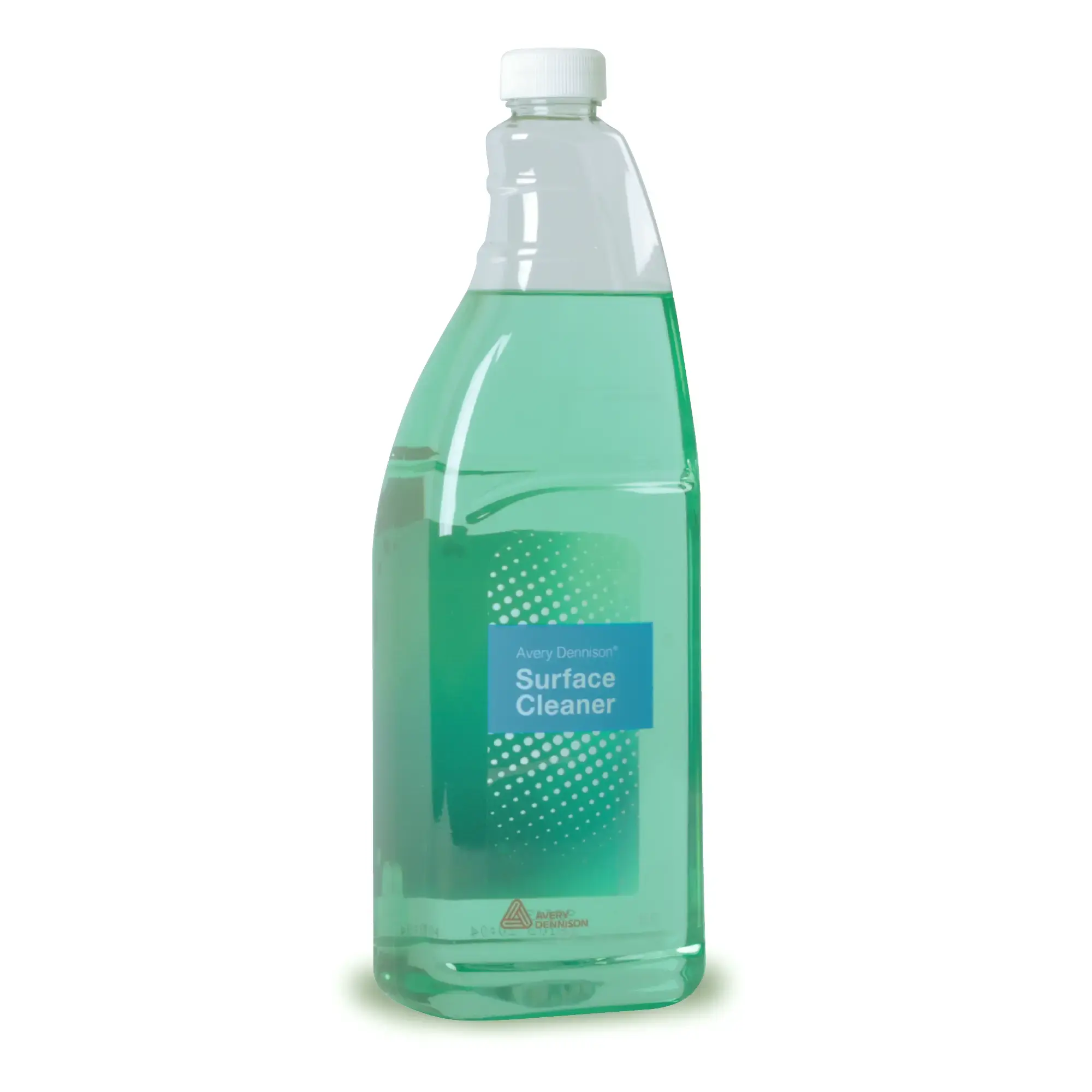 Avery Dennisons' surface cleaner in it's 1 Litre teardrop shaped bottle container without the spray trigger machanism inserted into the neck of the bottle. The light green cleaning fluid can be seen through the transparent bottle with swan-neck shaped neck grip and blue printed Avery Dennison branded bottle label.
