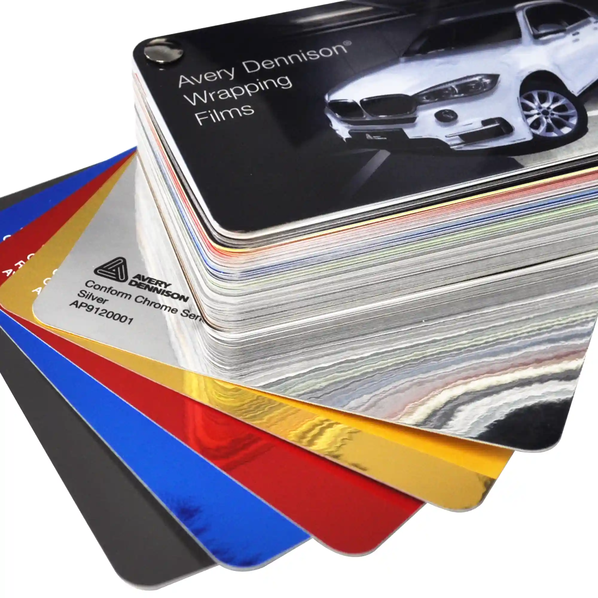 Avery SWF Conform Chrome swatch pages pulled out and arranged in a small fan shape that really shows-off the highly reflective and supremely bright metallic gloss colours in this premium series of self-adhesive vinyl wrapping films.