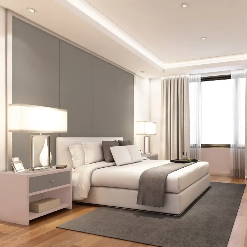 Solid colour vinyls from the BENIF LX Hausys range of self-adhesive interior films cover the furnishings and walls of this hotel bedroom, adding a complimentary look and contemporary modern style with a luxurious feel.