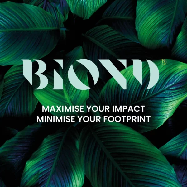 BIOND bio-based print films eco leaf graphic with text overlaid, stating this range of products environmentally friendly credentials - Maximise your impact, minimise your footprint.