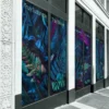 Printed retail window advertising graphics printed with BIOND bio-based series and applied to a streetside store front stating the range of products truly sustainable print films brand imagery.