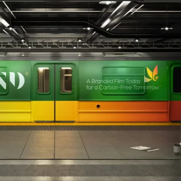 BIOND environmentally friendly printing films stating the product branding that has been printed and applied onto train-side panels, stating 'A branded film today for a carbon free tomorrow'.