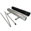 The 'Buckingham' pull up banner stand size of 850mm wide x 2M high fully deconstructed and partially folded ready to insert into the easy to open, practical, black banner stand carry case.