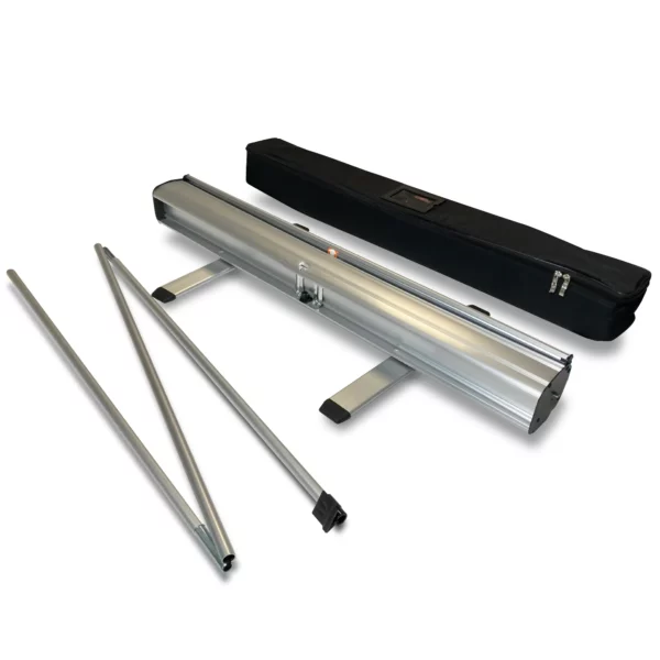The 'Buckingham' pull up banner stand size of 850mm wide x 2M high fully deconstructed and partially folded ready to insert into the easy to open, practical, black banner stand carry case.