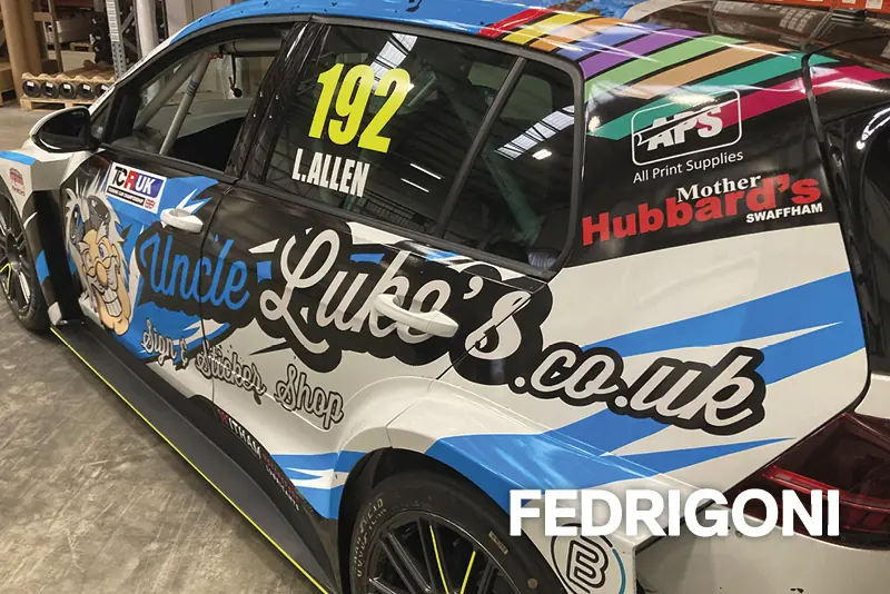 Uncle Luke’s track race car, fully wrapped with sponsors logos and race numbers, printed onto Fedrigoni C50 print wrap vinyl with matched C30 gloss laminate.