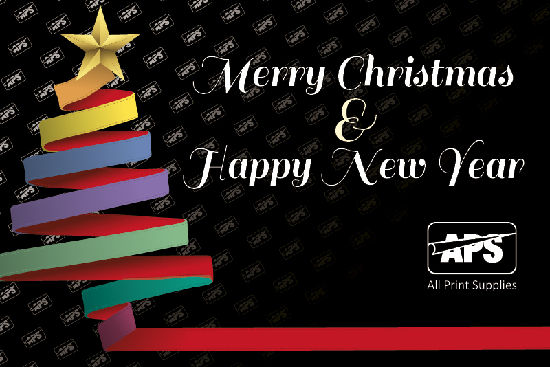 Happy Christmas 2021 & Happy New Year 2022 from All Print Supplies! The graphic shows coloured present wrapping ribbons swirled around into the shape of a colourful Xmas tree with All Print SUpplies corporate logo in the background falling like snow.