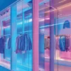 Dichroic colour shift film, DB100 Freeze Blue, applied to a retail store front windows with an eye-catching, cool blue, futurtistic, stunning effect.
